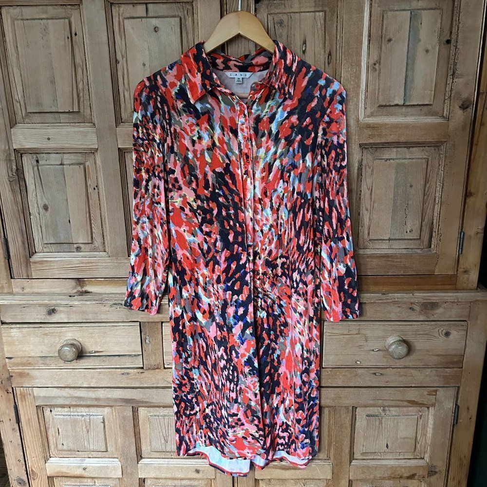 CAbi Size Medium Colorful Dress‎ 3/4 Sleeve Watercolor Collared Rayon Red  *Flaw